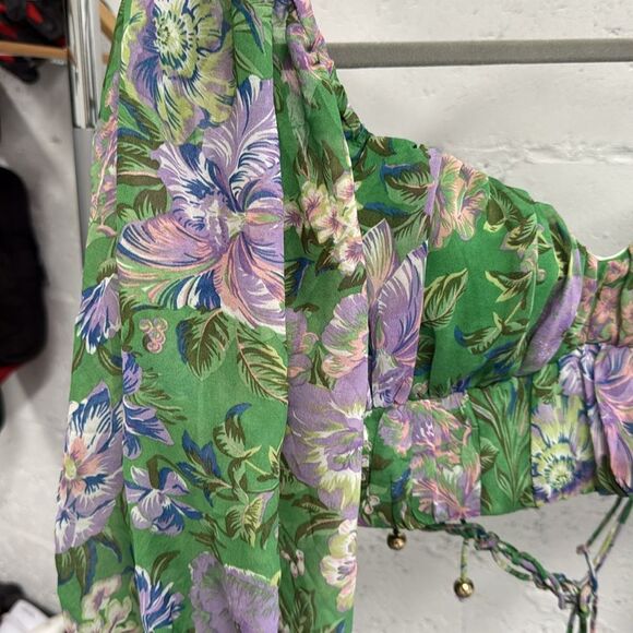 Floral Green Puff Sleeve Long Sleeve Crop Top - Open Back Ties - Size Medium - Picture 2 of 4